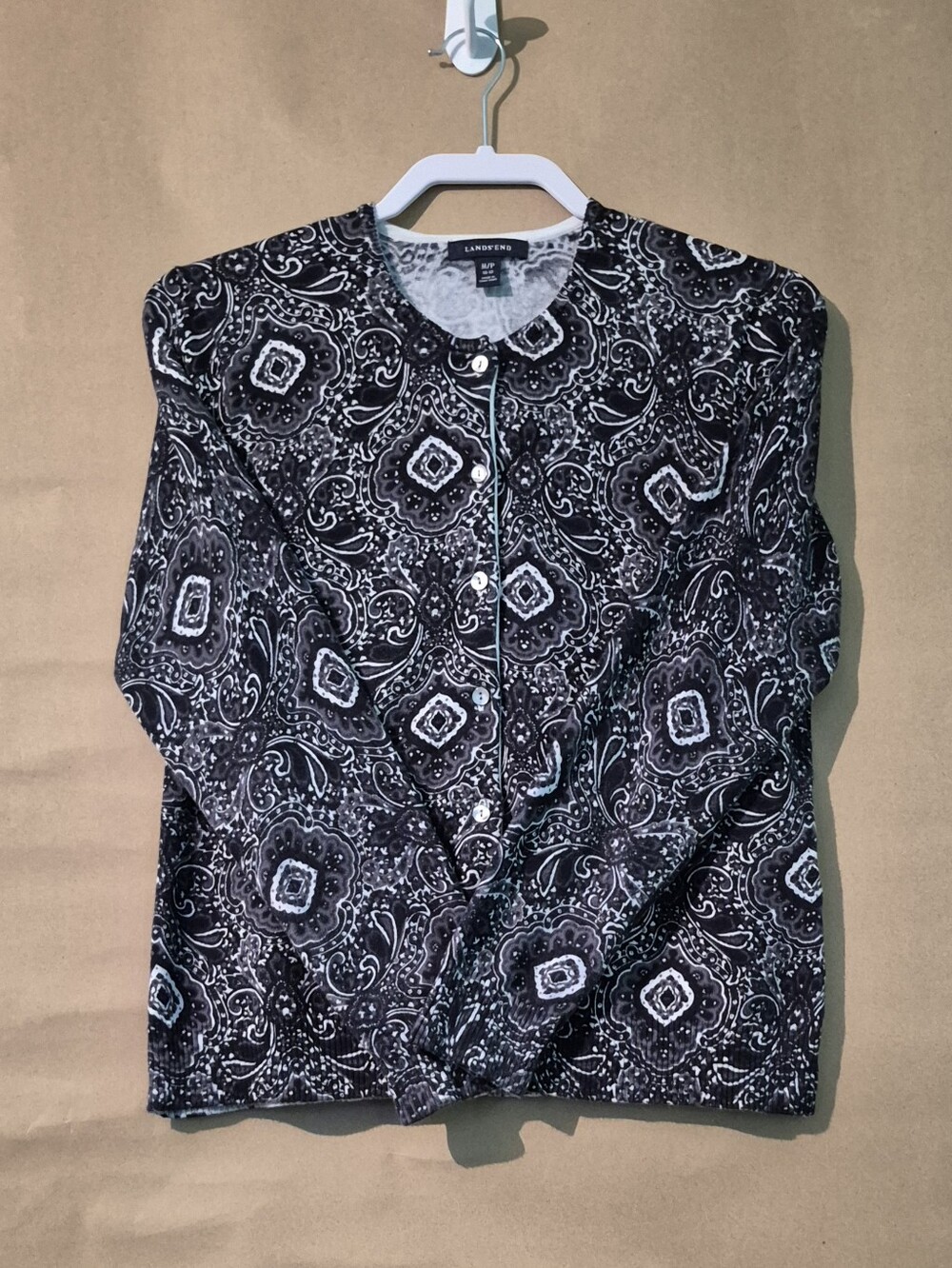 Lands' End Womens Black & White Paisley Crew Cardigan Size Medium Petite